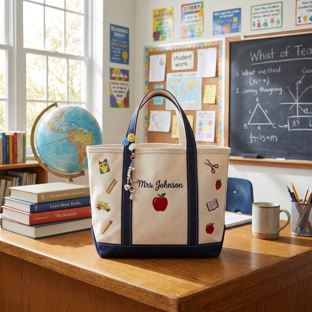Personalized Teacher Tote Bag, Embroidered School Icons Canvas Bag, Custom Name Teacher Appreciation Gift, Back to School Gift