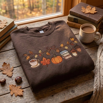 Fall Embroidered Sweatshirt, Autumn Books Pumpkin Sweatshirt, Cozy Book Lover Sweater, Coffee Reading Sweatshirt, Bookworm Gift