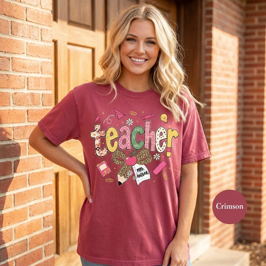 Custom Teach Teacher Leopard Fall Comfort Colors® T Shirt | Personalized Teacher Fall TShirt | Y2K Fall Teacher Appreciation Shirt Gift