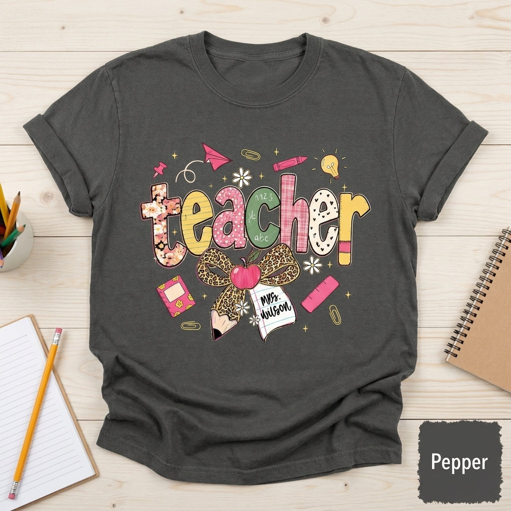 Custom Teach Teacher Leopard Fall Comfort Colors® T Shirt | Personalized Teacher Fall TShirt | Y2K Fall Teacher Appreciation Shirt Gift