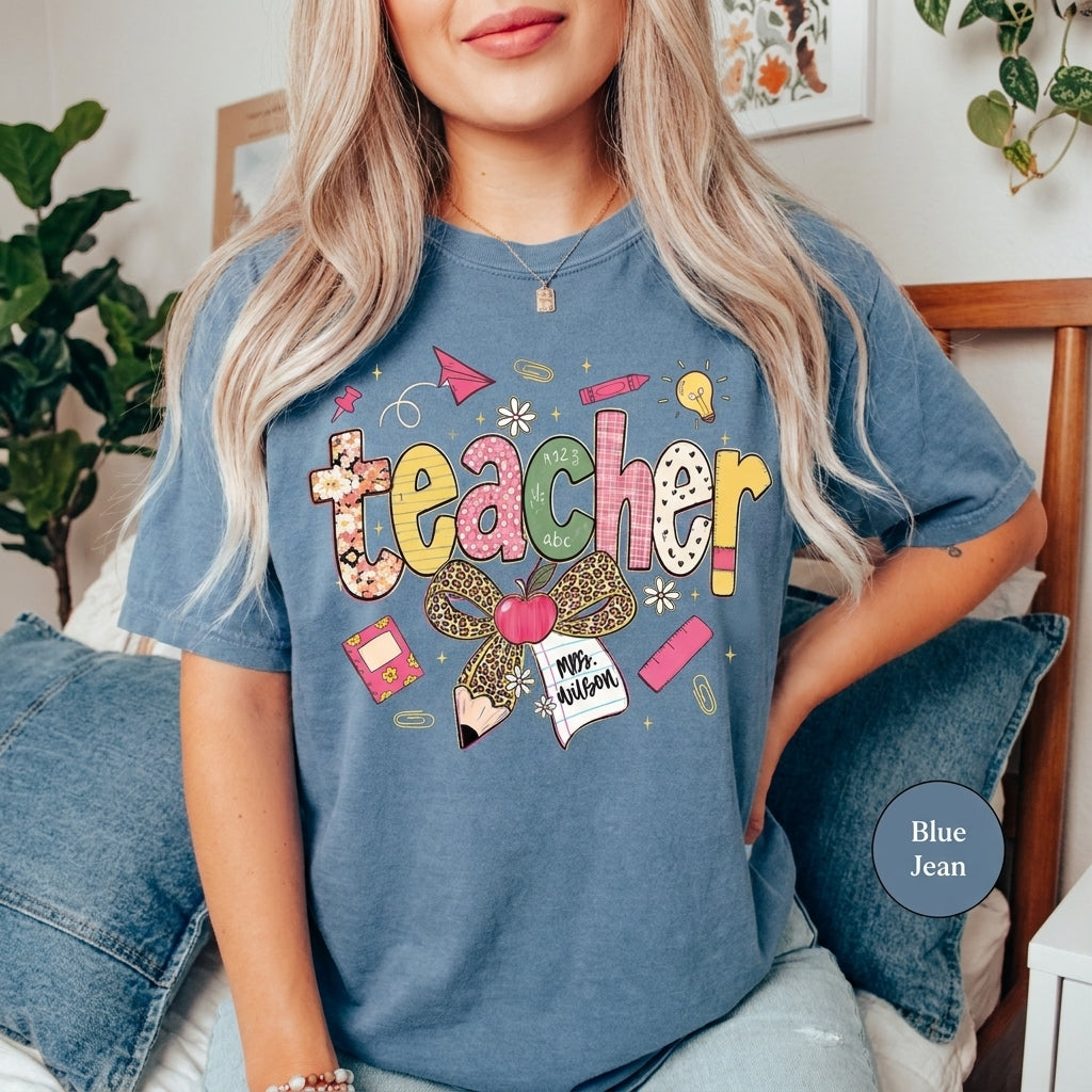 Custom Teach Teacher Leopard Fall Comfort Colors® T Shirt | Personalized Teacher Fall TShirt | Y2K Fall Teacher Appreciation Shirt Gift