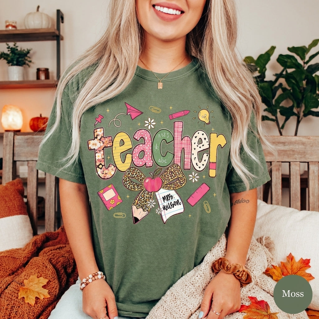 Custom Teach Teacher Leopard Fall Comfort Colors® T Shirt | Personalized Teacher Fall TShirt | Y2K Fall Teacher Appreciation Shirt Gift