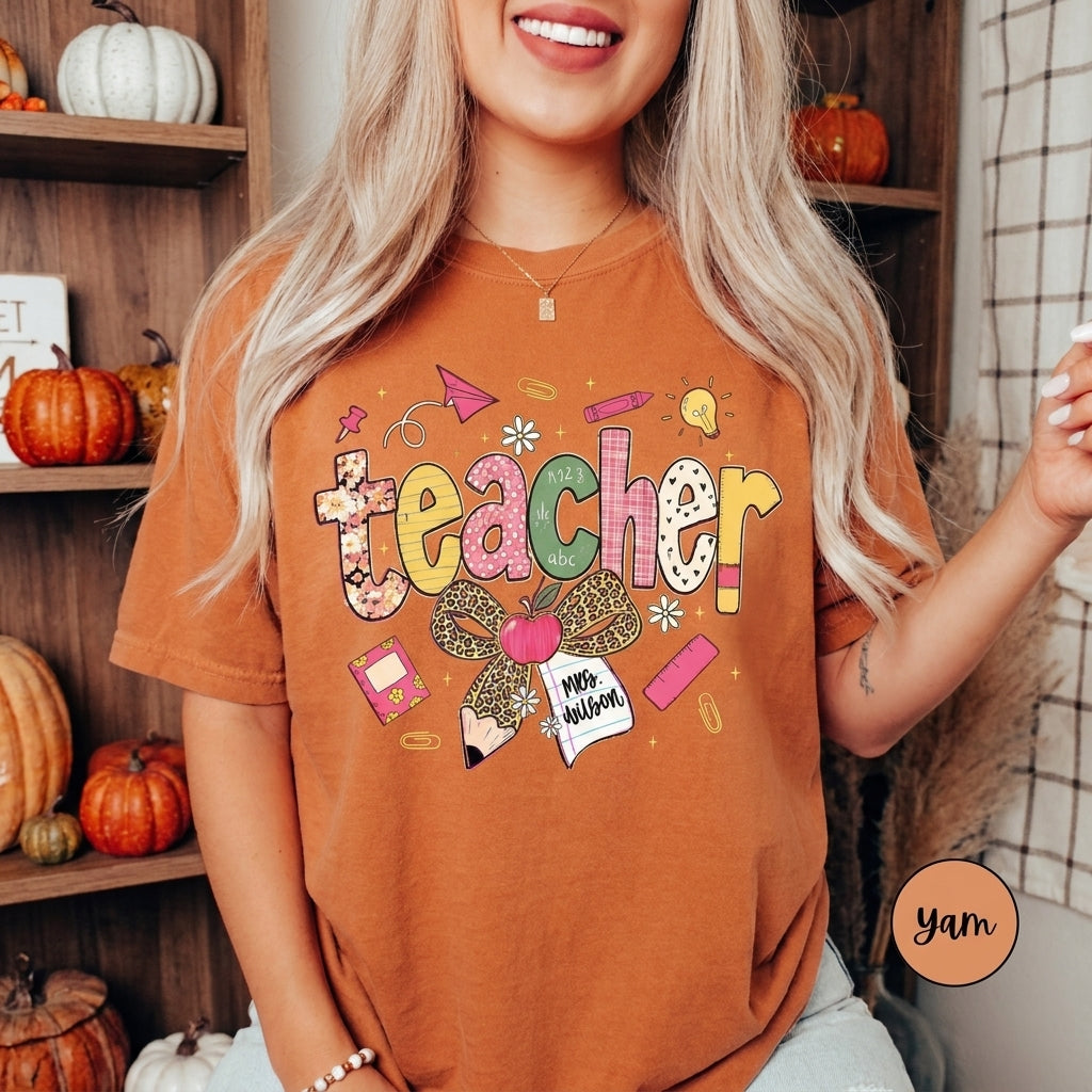 Custom Teach Teacher Leopard Fall Comfort Colors® T Shirt | Personalized Teacher Fall TShirt | Y2K Fall Teacher Appreciation Shirt Gift