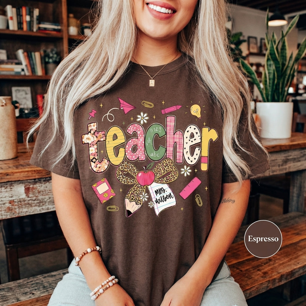 Custom Teach Teacher Leopard Fall Comfort Colors® T Shirt | Personalized Teacher Fall TShirt | Y2K Fall Teacher Appreciation Shirt Gift