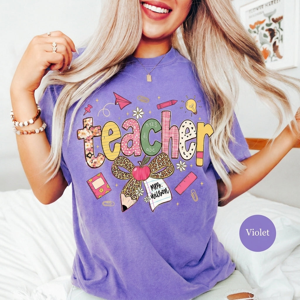 Custom Teach Teacher Leopard Fall Comfort Colors® T Shirt | Personalized Teacher Fall TShirt | Y2K Fall Teacher Appreciation Shirt Gift