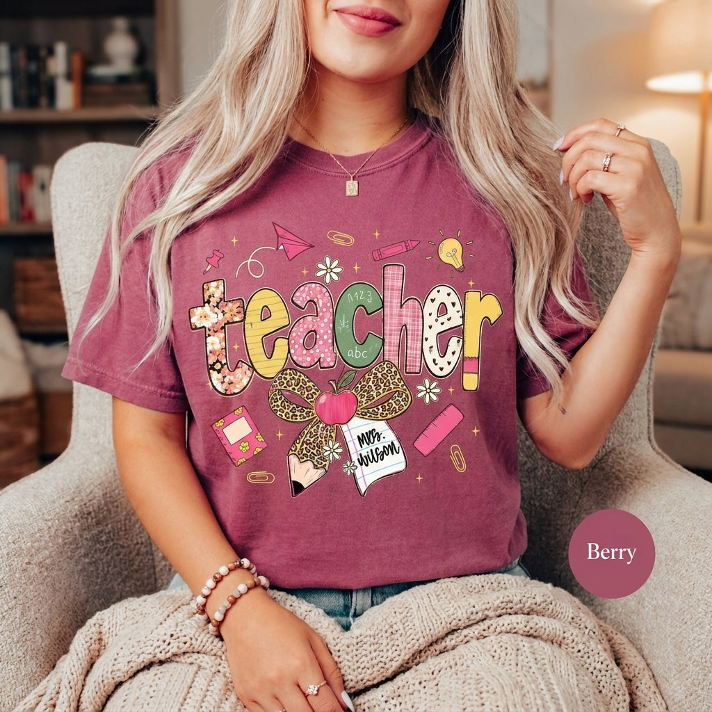Custom Teach Teacher Leopard Fall Comfort Colors® T Shirt | Personalized Teacher Fall TShirt | Y2K Fall Teacher Appreciation Shirt Gift