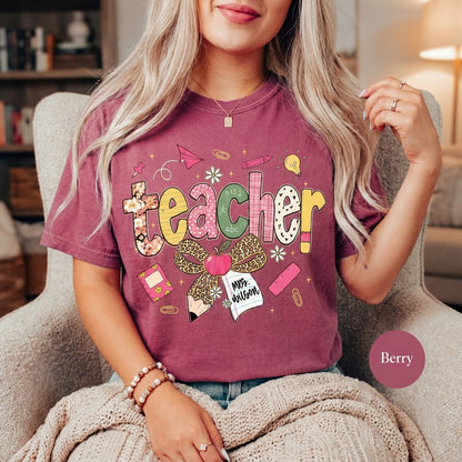 Custom Teach Teacher Leopard Fall Comfort Colors® T Shirt | Personalized Teacher Fall TShirt | Y2K Fall Teacher Appreciation Shirt Gift