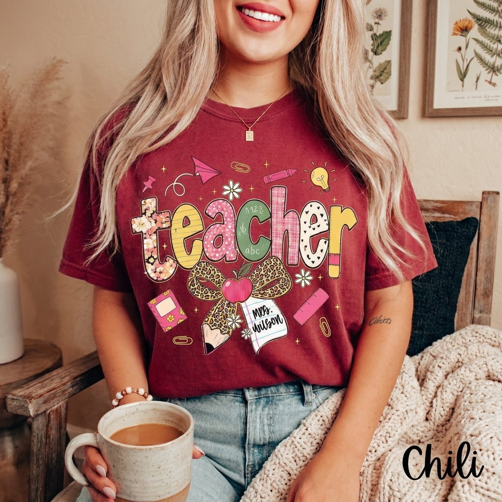 Custom Teach Teacher Leopard Fall Comfort Colors® T Shirt | Personalized Teacher Fall TShirt | Y2K Fall Teacher Appreciation Shirt Gift