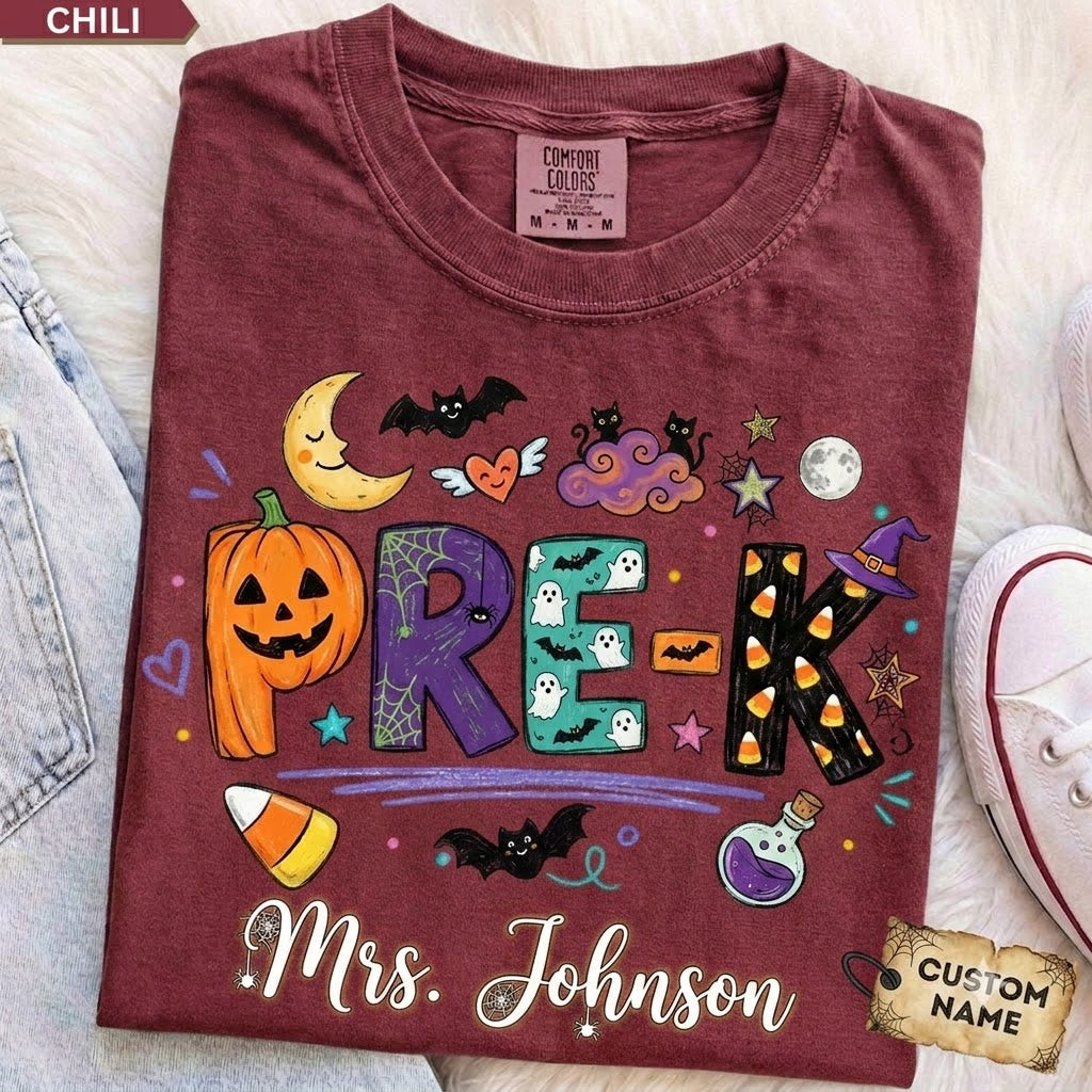 Personalized Halloween Teacher Shirt, Doodle Crayon Design, Back To School Tee