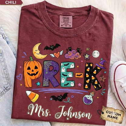 Personalized Halloween Teacher Shirt, Doodle Crayon Design, Back To School Tee