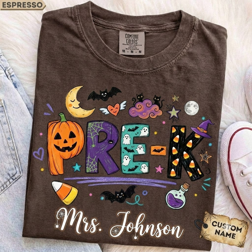 Personalized Halloween Teacher Shirt, Doodle Crayon Design, Back To School Tee