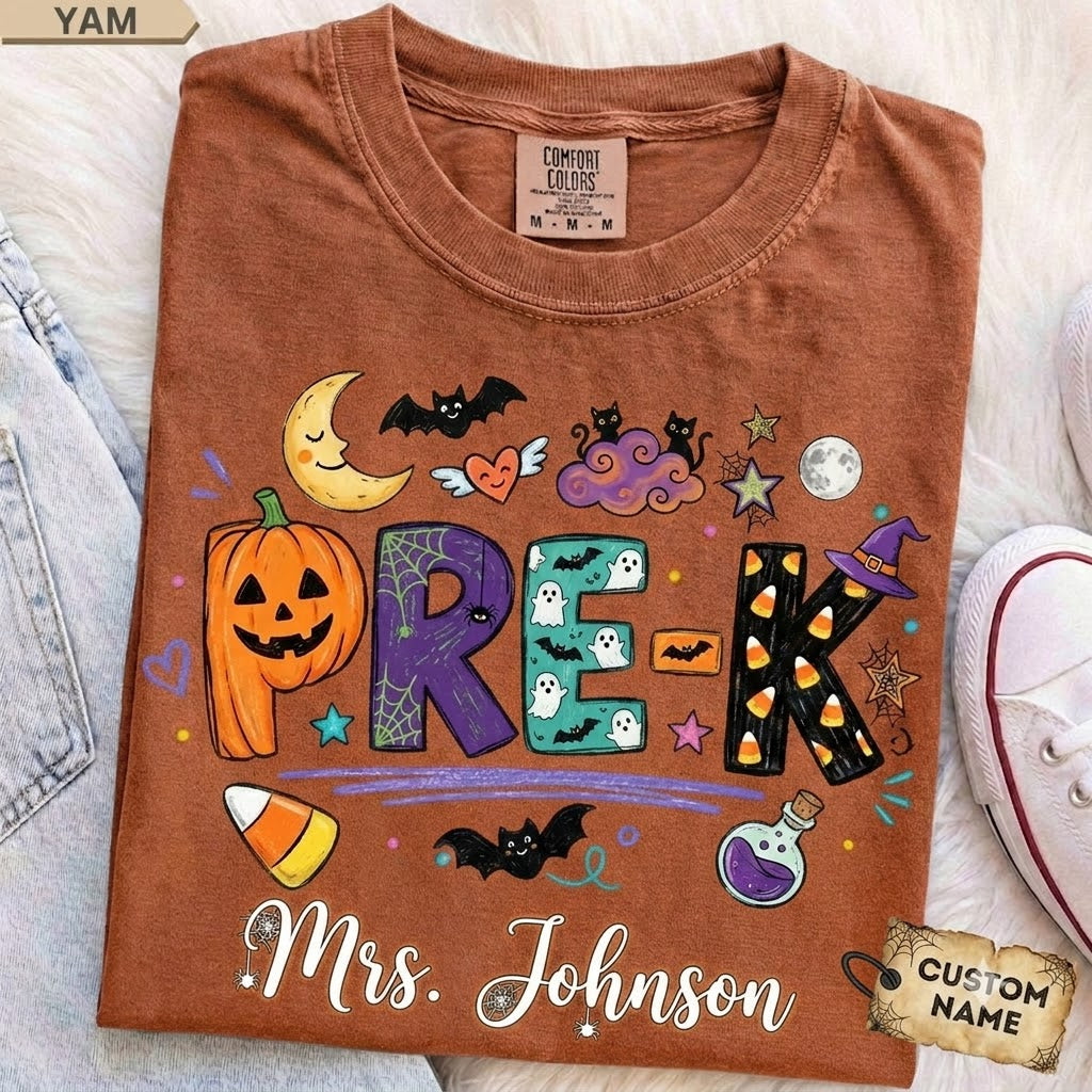 Personalized Halloween Teacher Shirt, Doodle Crayon Design, Back To School Tee