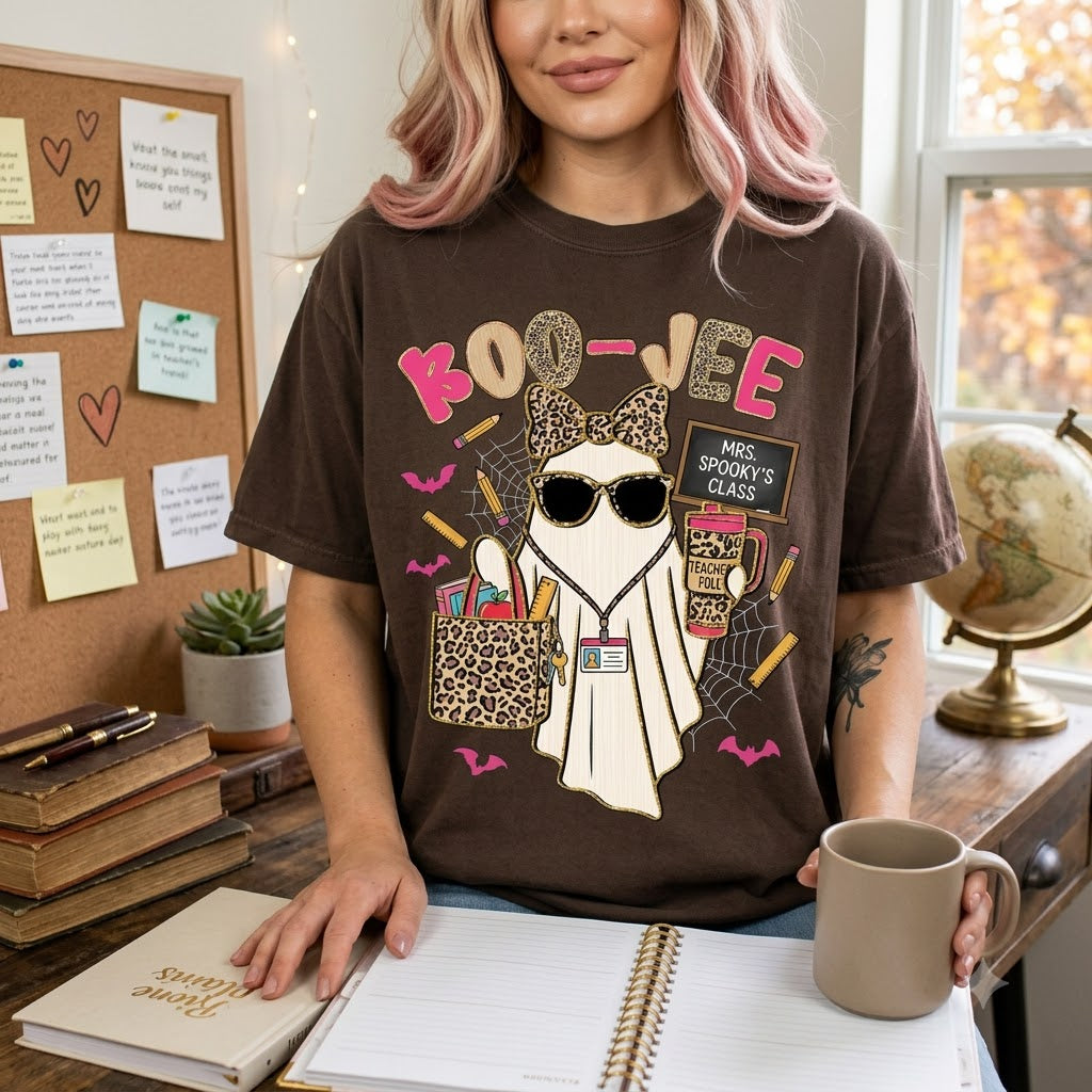 Spooky Teacher Ghost Halloween T-Shirt, Leopard Bow Cute Boo Vibes Teacher Shirt