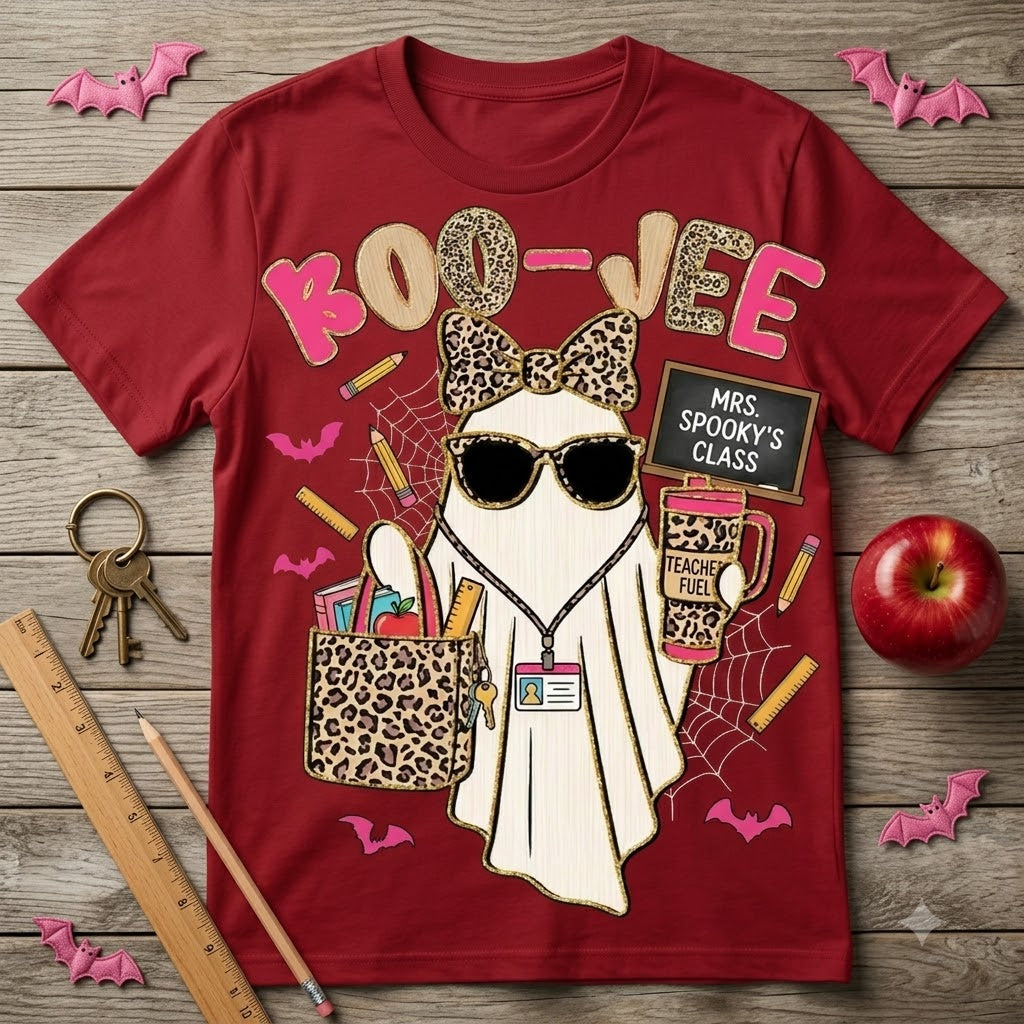 Spooky Teacher Ghost Halloween T-Shirt, Leopard Bow Cute Boo Vibes Teacher Shirt