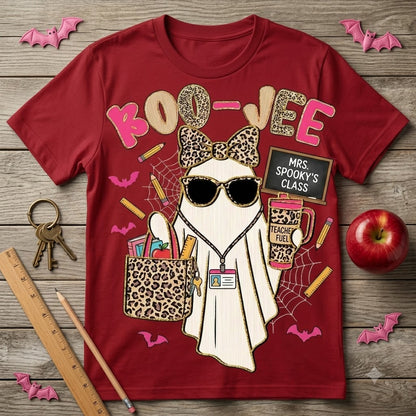 Spooky Teacher Ghost Halloween T-Shirt, Leopard Bow Cute Boo Vibes Teacher Shirt