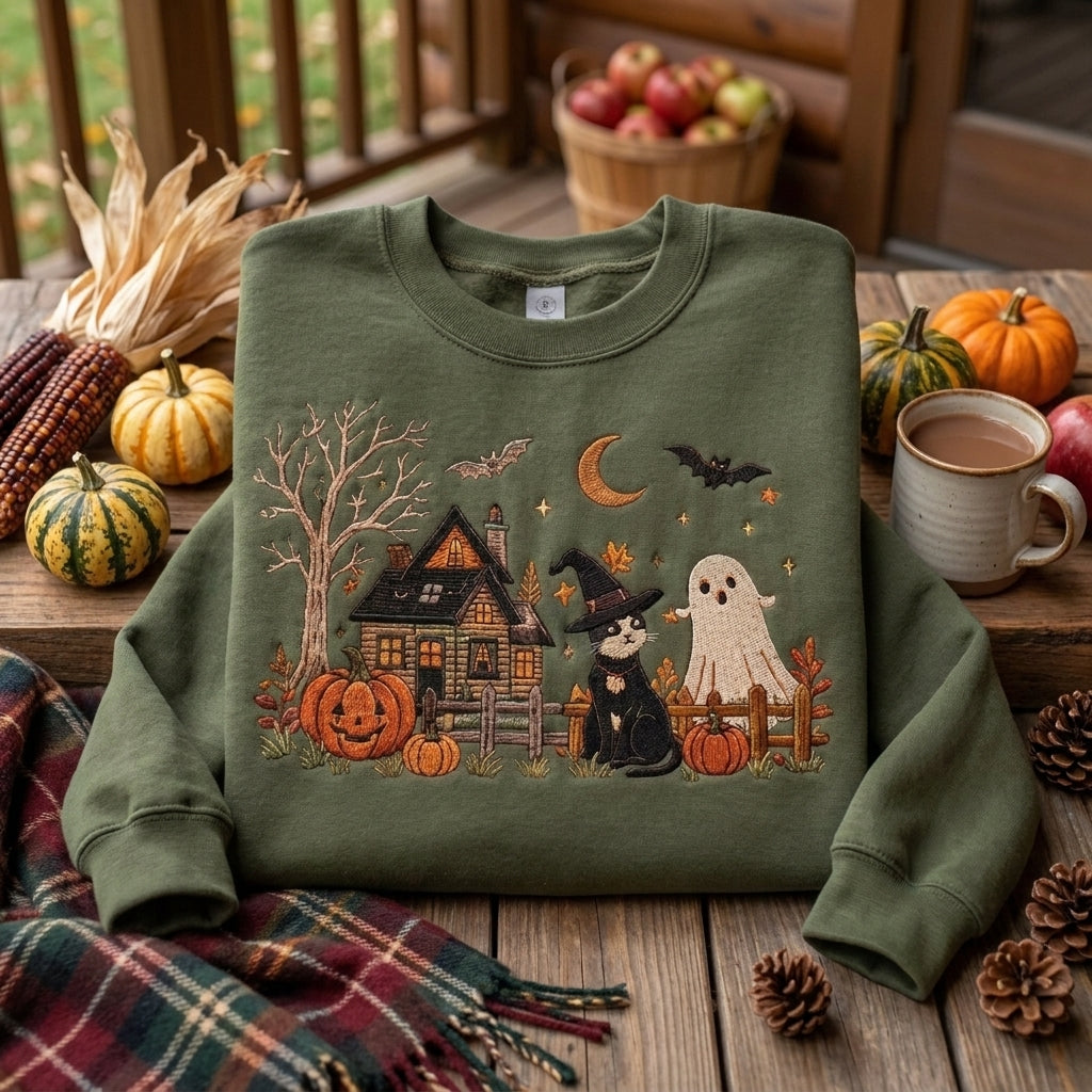 Halloween Embroidered Sweatshirt, Cute Ghost Cat Sweatshirt, Fall Pumpkin Sweater, Spooky Season Sweatshirt, Witchy Book Lover Gift