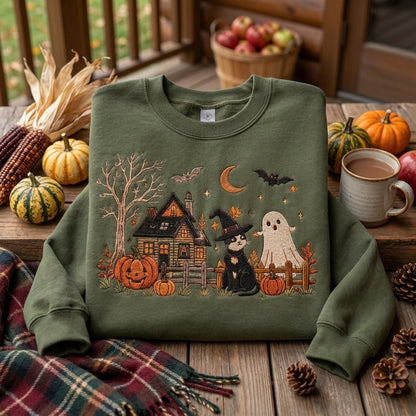 Halloween Embroidered Sweatshirt, Cute Ghost Cat Sweatshirt, Fall Pumpkin Sweater, Spooky Season Sweatshirt, Witchy Book Lover Gift
