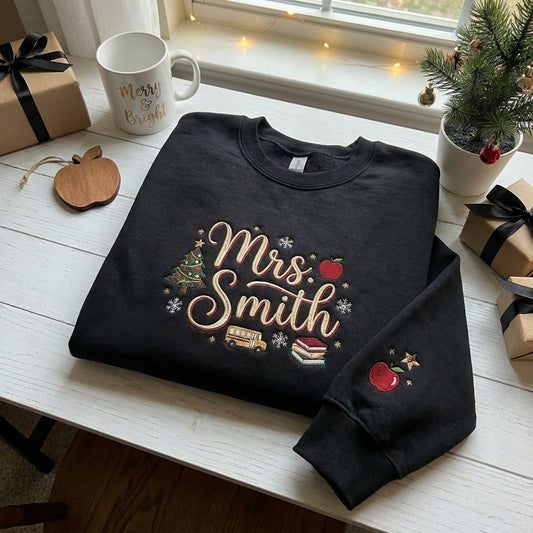 Personalized Christmas Teacher Sweatshirt, Embroidered Teacher Name Sweatshirt, Christmas Teacher Gift, Apple School Crewneck, Teacher Holiday Pullover