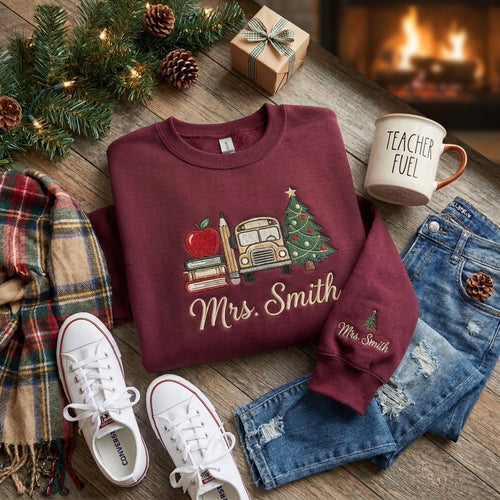 Personalized Christmas Teacher Sweatshirt, Embroidered Teacher Name Crewneck, Christmas Gift for Teacher, Apple Books School Sweatshirt