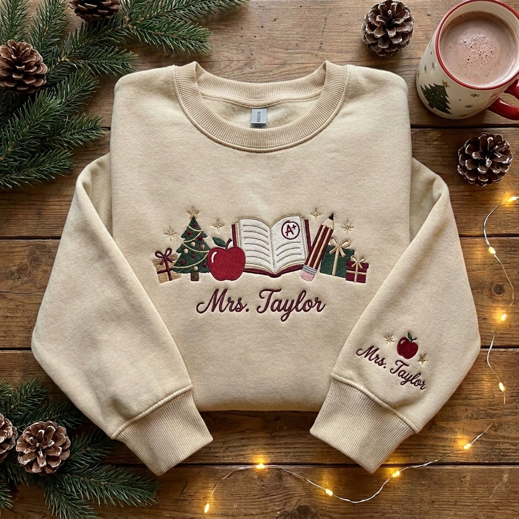 Personalized Teacher Christmas Sweatshirt, Embroidered Teacher Name Crewneck, Christmas Teacher Gift, Apple Books Pencil Sweatshir