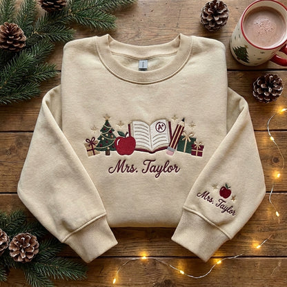 Personalized Teacher Christmas Sweatshirt, Embroidered Teacher Name Crewneck, Christmas Teacher Gift, Apple Books Pencil Sweatshir