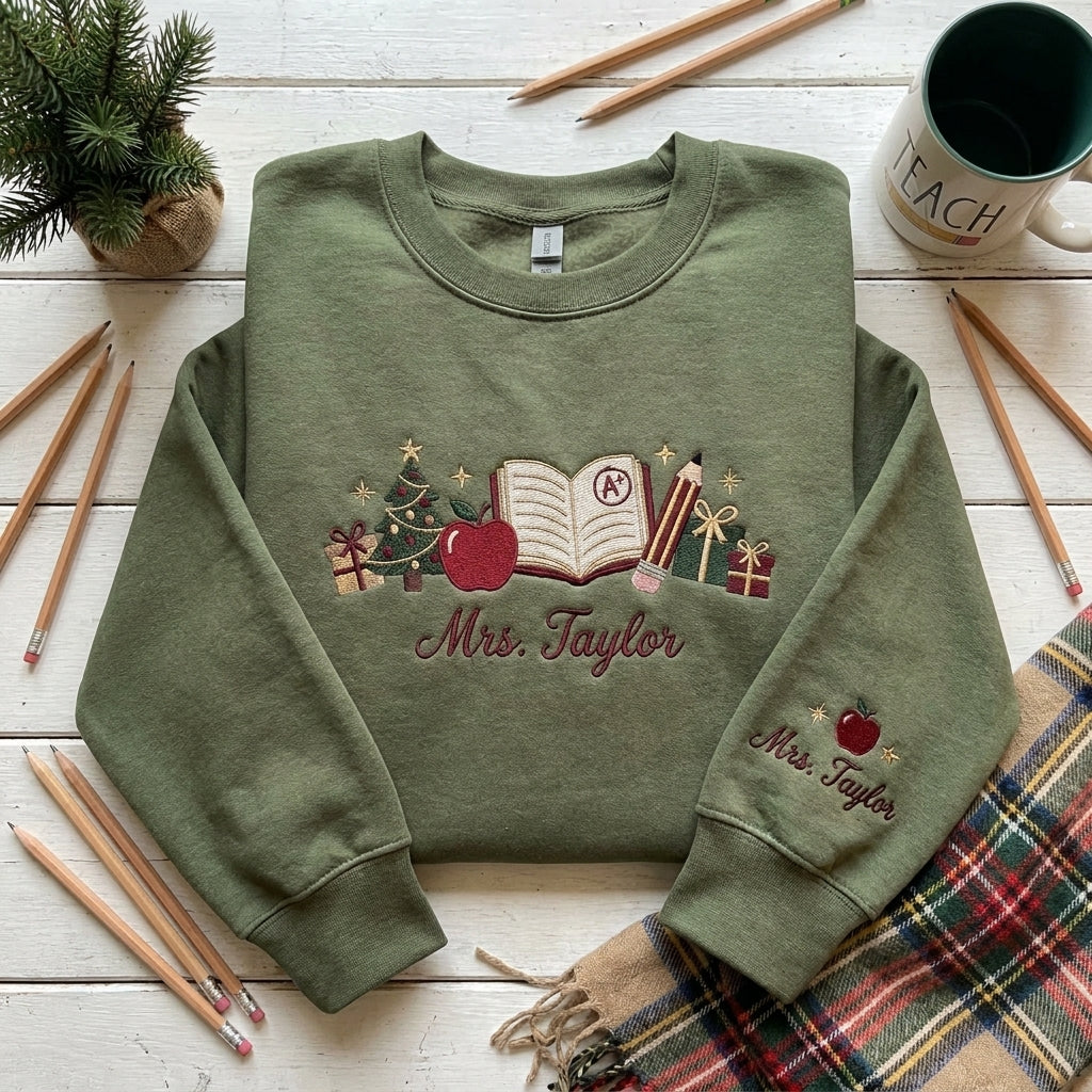 Personalized Teacher Christmas Sweatshirt, Embroidered Teacher Name Crewneck, Christmas Teacher Gift, Apple Books Pencil Sweatshir