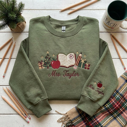 Personalized Teacher Christmas Sweatshirt, Embroidered Teacher Name Crewneck, Christmas Teacher Gift, Apple Books Pencil Sweatshir
