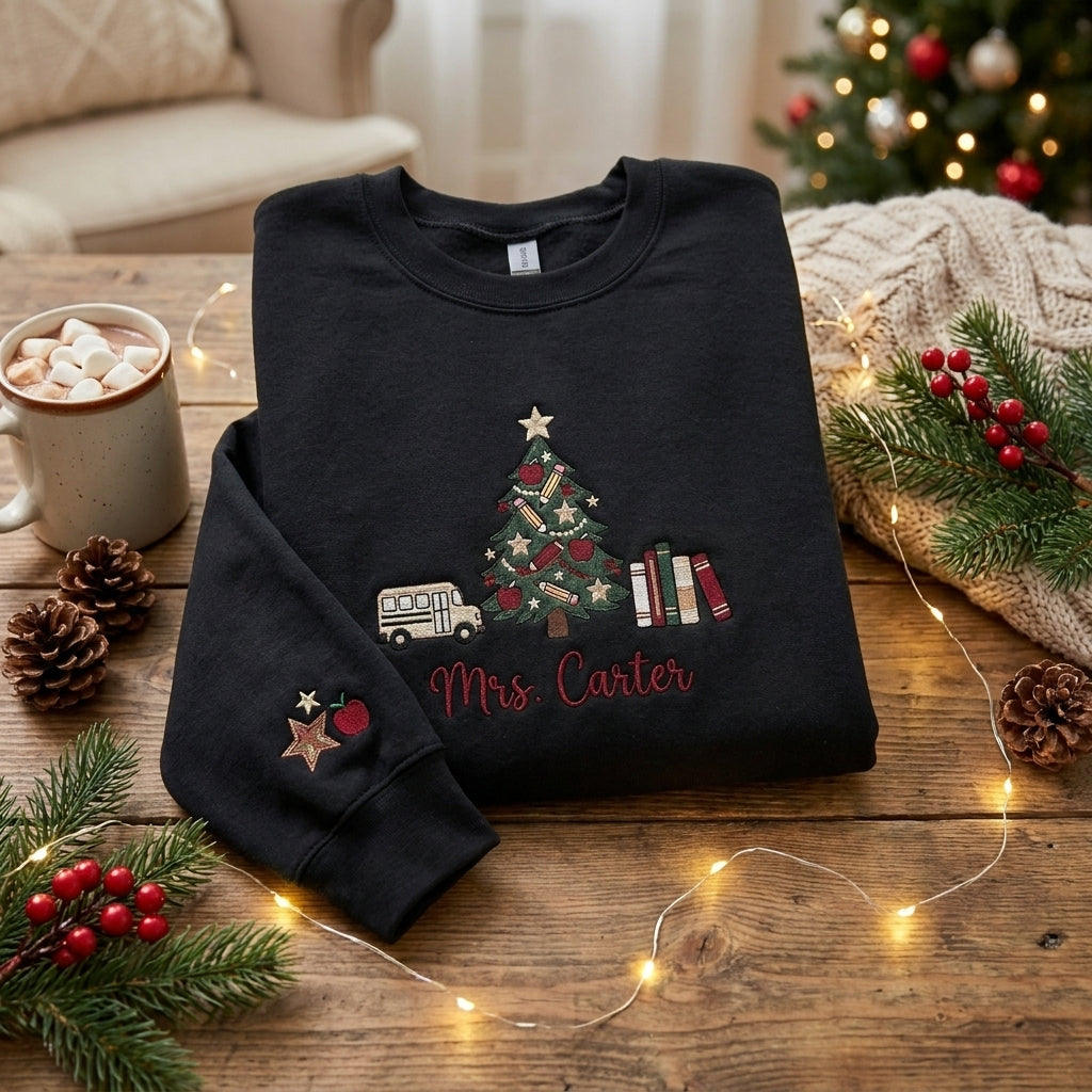 Personalized Christmas Teacher Sweatshirt, Embroidered Teacher Name Crewneck, Teacher Christmas Gift, School Bus Christmas Sweatshirt