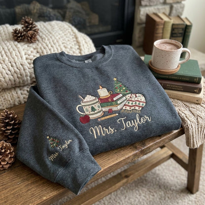 Personalized Teacher Christmas Sweatshirt, Embroidered Name Crewneck, Christmas Teacher Gift, Books Coffee Christmas Sweatshirt