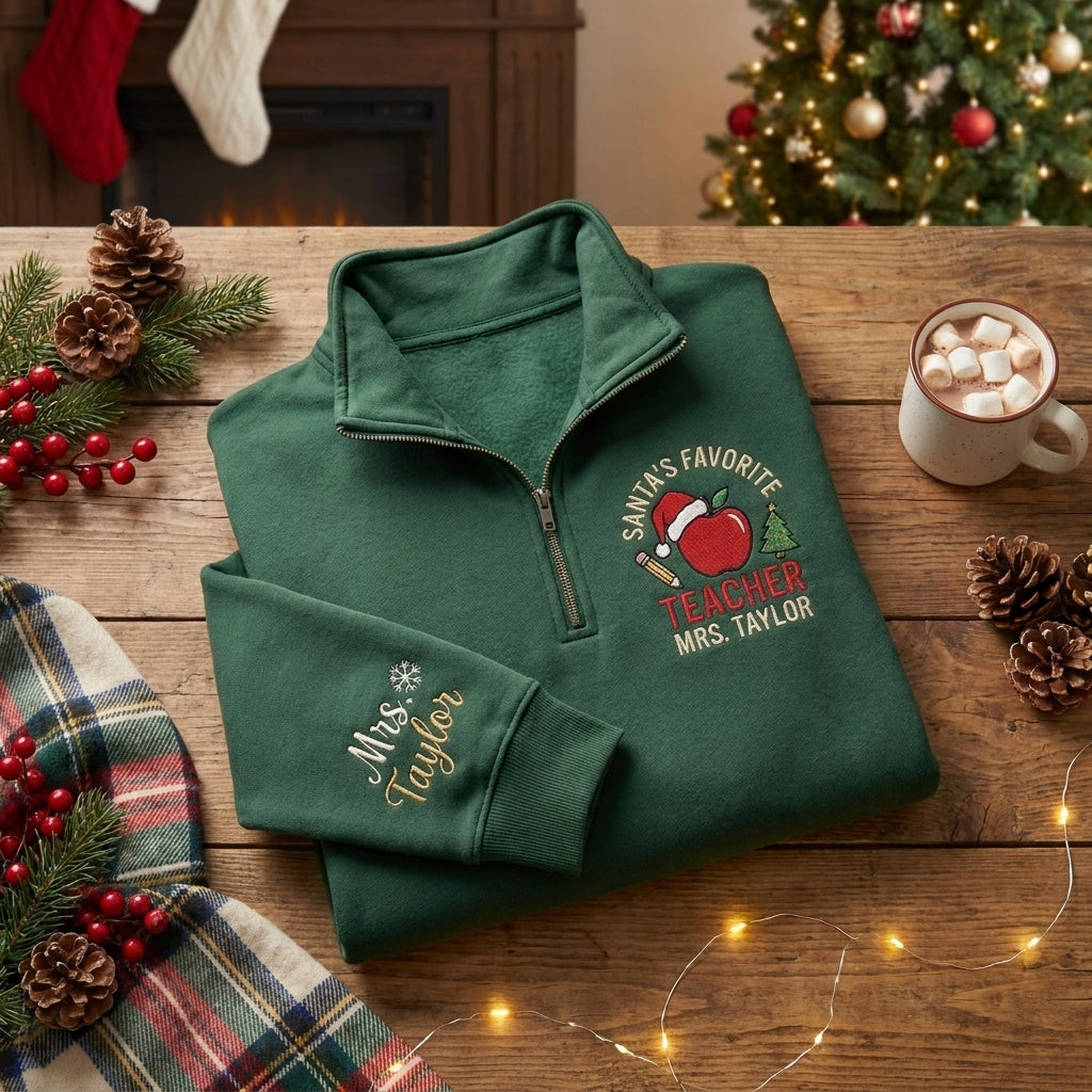 Personalized Christmas Teacher Quarter Zip, Embroidered Teacher Pullover, Custom Teacher Name Sweatshirt (Copy)