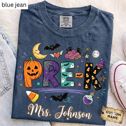 Personalized Halloween Teacher Shirt, Doodle Crayon Design, Back To School Tee