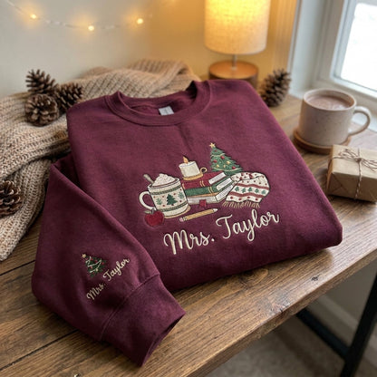 Personalized Teacher Christmas Sweatshirt, Embroidered Name Crewneck, Christmas Teacher Gift, Books Coffee Christmas Sweatshirt