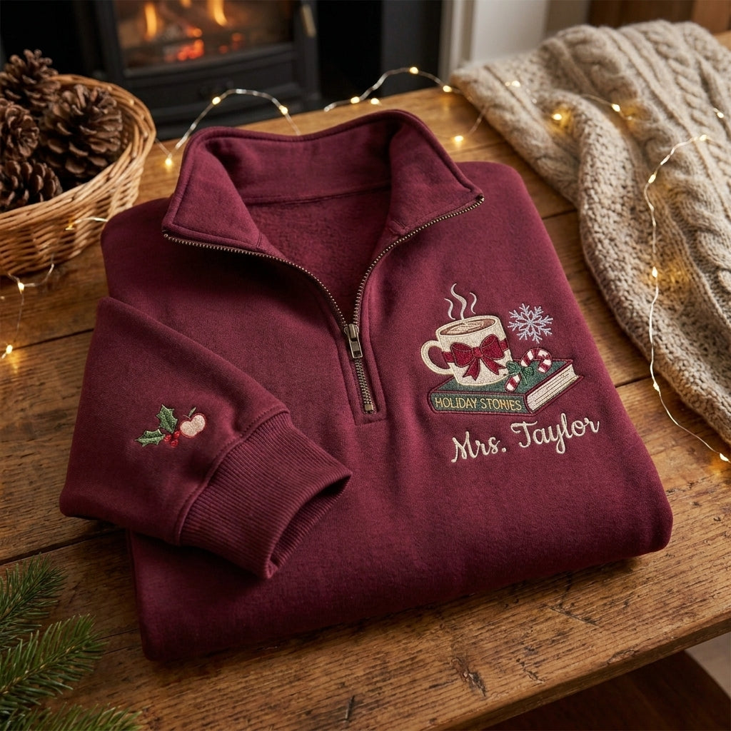 Personalized Christmas Teacher Quarter Zip, Embroidered Teacher Name Pullover, Christmas Gift for Teacher, Holiday School Quarter Zip