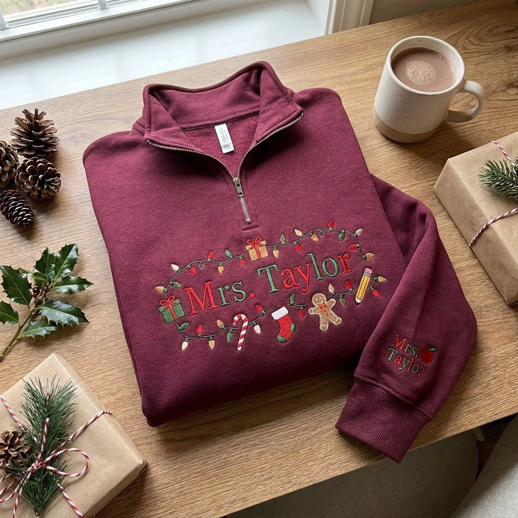 Personalized Christmas Teacher Quarter Zip, Embroidered Teacher Pullover, Custom Teacher Name Sweatshirt