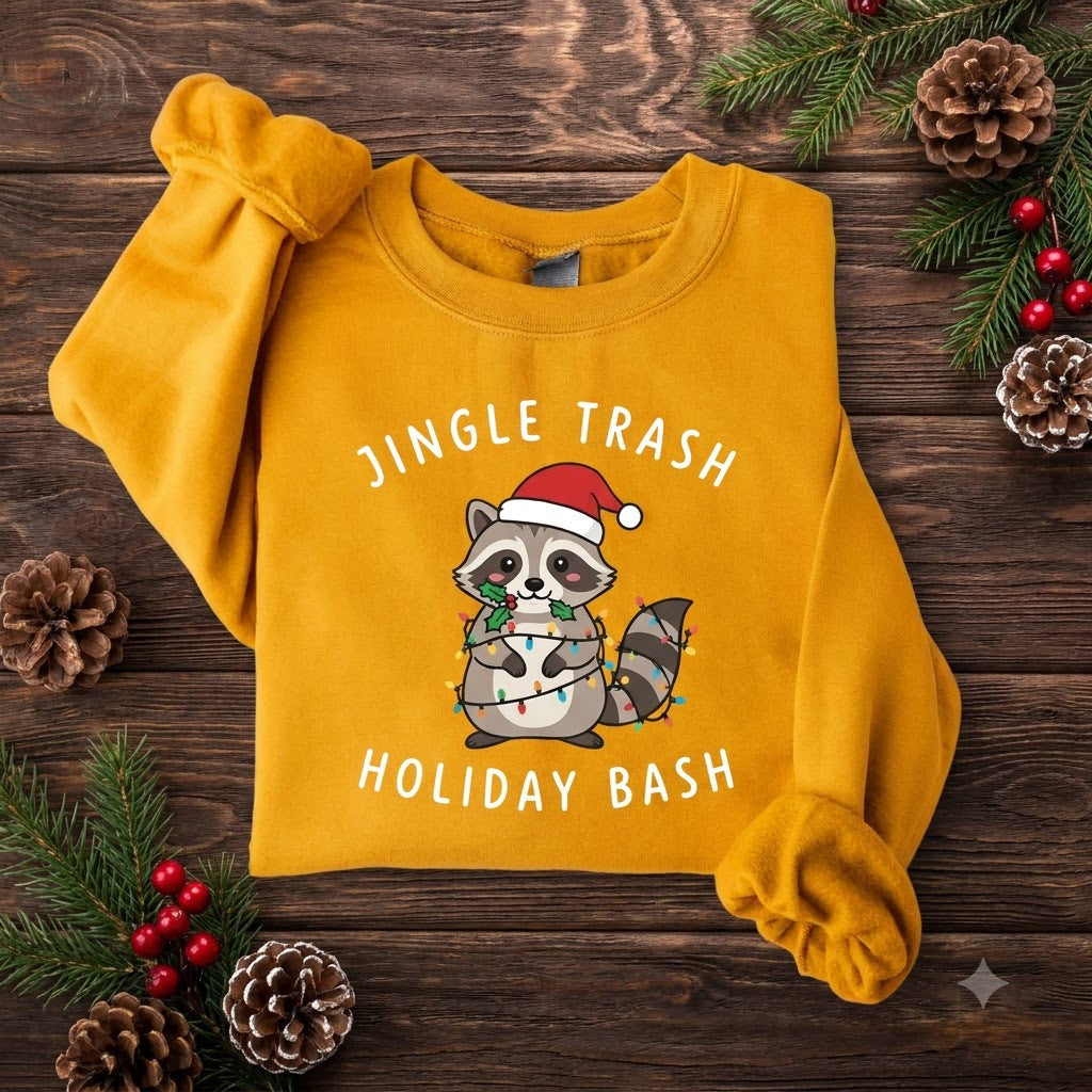 Jingle Trash Holiday Bash Raccoon Christmas Sweatshirt, Funny Christmas Animal Pullover, Cute Holiday Gift for Raccoon Lovers