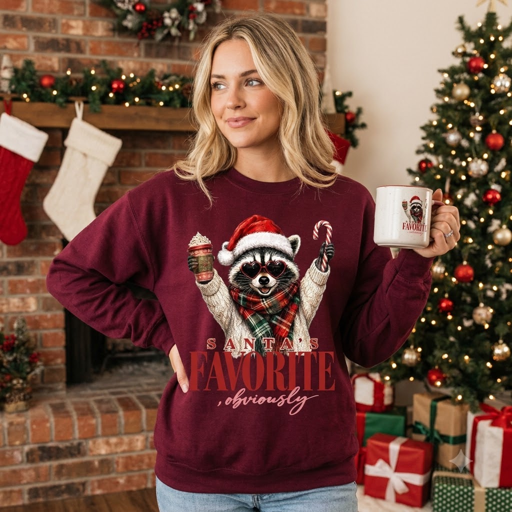 Santa's Favorite Raccoon Christmas Sweatshirt, Funny Animal Holiday Pullover, Cute Christmas Gift for Raccoon Lovers
