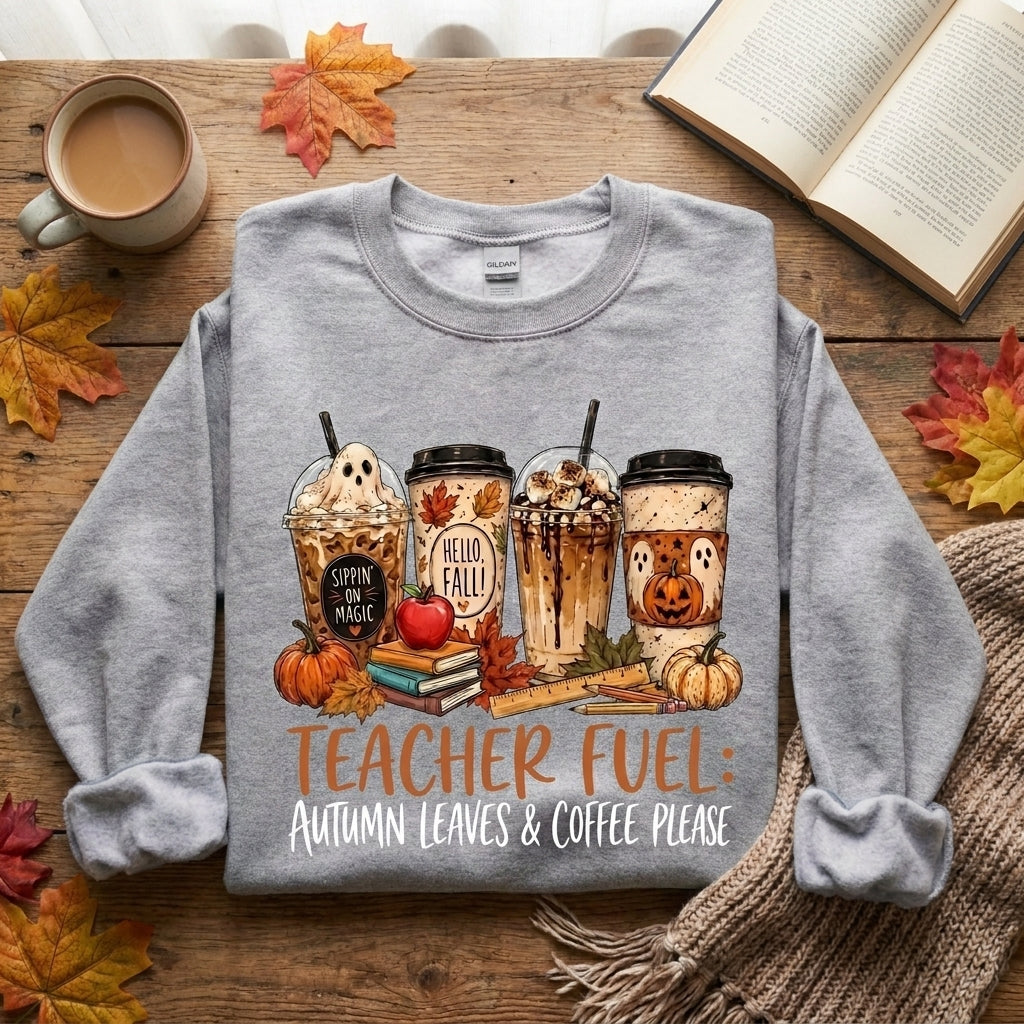 Teacher Fuel Sweatshirt, Fall Teacher Shirt, Autumn Coffee Sweatshirt, Teacher Gift, Halloween Teacher Shirt, Cozy Teacher Pullover