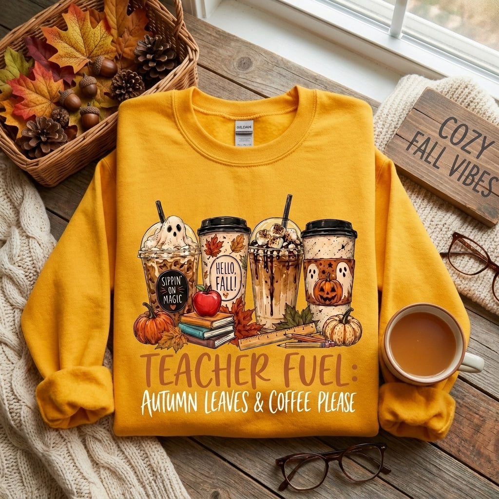 Teacher Fuel Sweatshirt, Fall Teacher Shirt, Autumn Coffee Sweatshirt, Teacher Gift, Halloween Teacher Shirt, Cozy Teacher Pullover