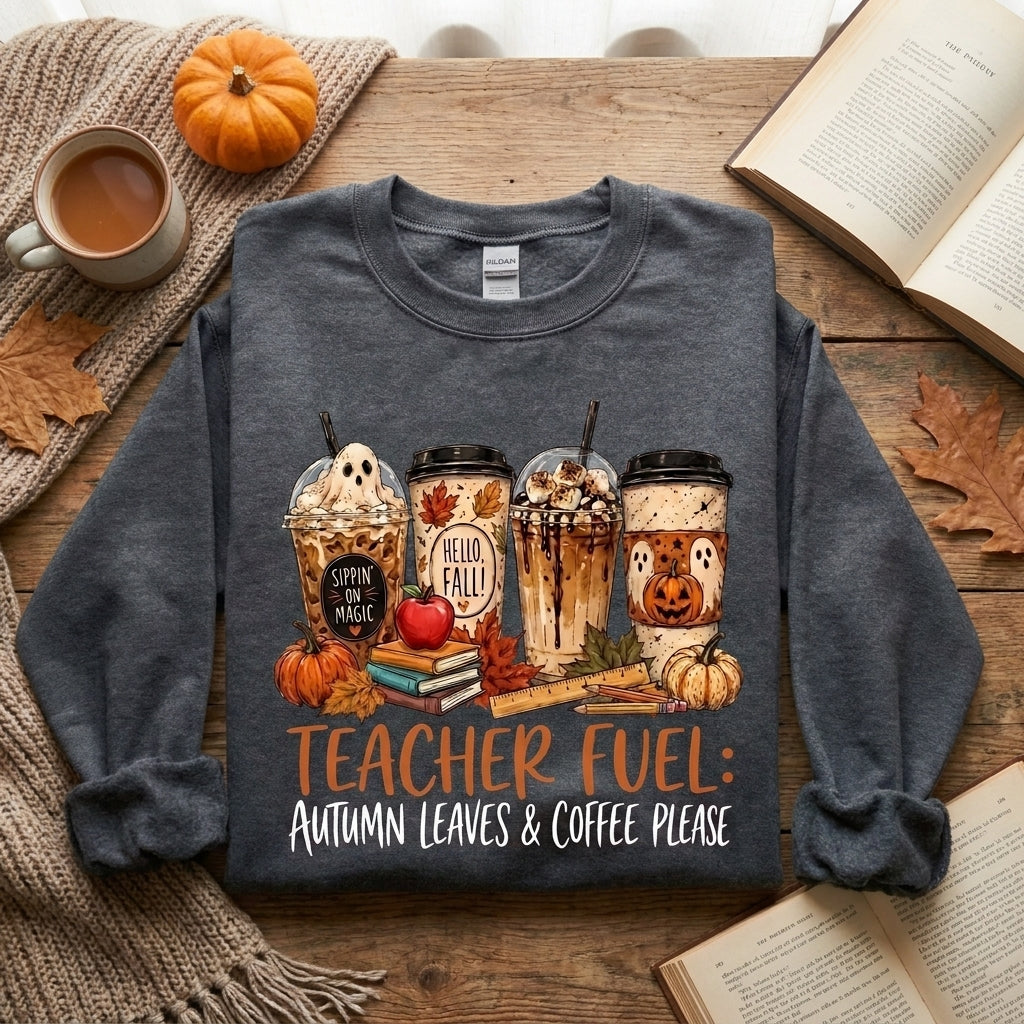 Teacher Fuel Sweatshirt, Fall Teacher Shirt, Autumn Coffee Sweatshirt, Teacher Gift, Halloween Teacher Shirt, Cozy Teacher Pullover