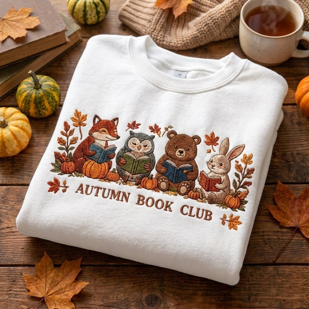 Autumn Book Club Embroidered Sweatshirt, Fall Book Lover Sweatshirt, Cozy Reading Sweater, Pumpkin Books Sweatshirt, Bookworm Gift