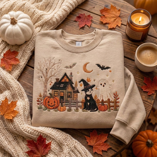 Halloween Embroidered Sweatshirt, Cute Ghost Cat Sweatshirt, Fall Pumpkin Sweater, Spooky Season Sweatshirt, Witchy Book Lover Gift