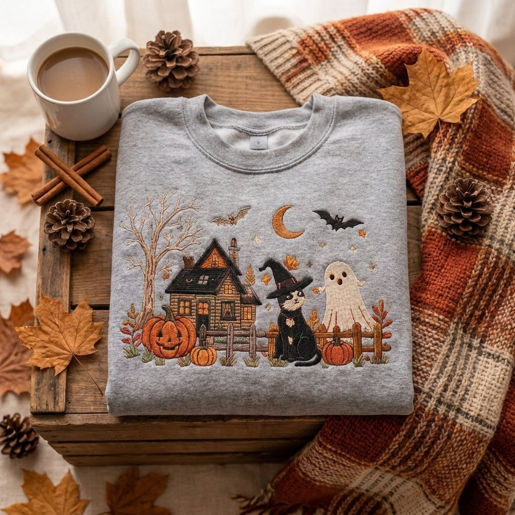 Halloween Embroidered Sweatshirt, Cute Ghost Cat Sweatshirt, Fall Pumpkin Sweater, Spooky Season Sweatshirt, Witchy Book Lover Gift