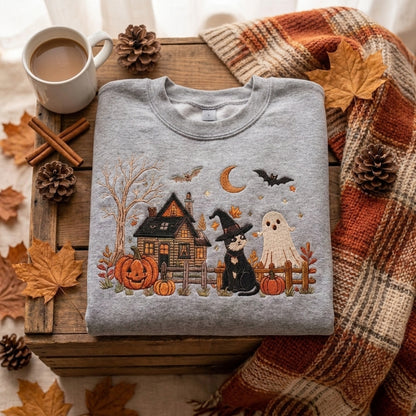 Halloween Embroidered Sweatshirt, Cute Ghost Cat Sweatshirt, Fall Pumpkin Sweater, Spooky Season Sweatshirt, Witchy Book Lover Gift