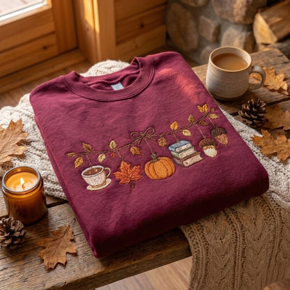 Fall Embroidered Sweatshirt, Autumn Books Pumpkin Sweatshirt, Cozy Book Lover Sweater, Coffee Reading Sweatshirt, Bookworm Gift