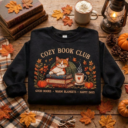 Cozy Book Club Embroidered Sweatshirt, Fall Cat Books Sweatshirt, Pumpkin Coffee Sweater, Book Lover Gift, Autumn Reading Sweatshirt