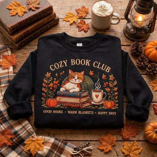 Cozy Book Club Embroidered Sweatshirt, Fall Cat Books Sweatshirt, Pumpkin Coffee Sweater, Book Lover Gift, Autumn Reading Sweatshirt