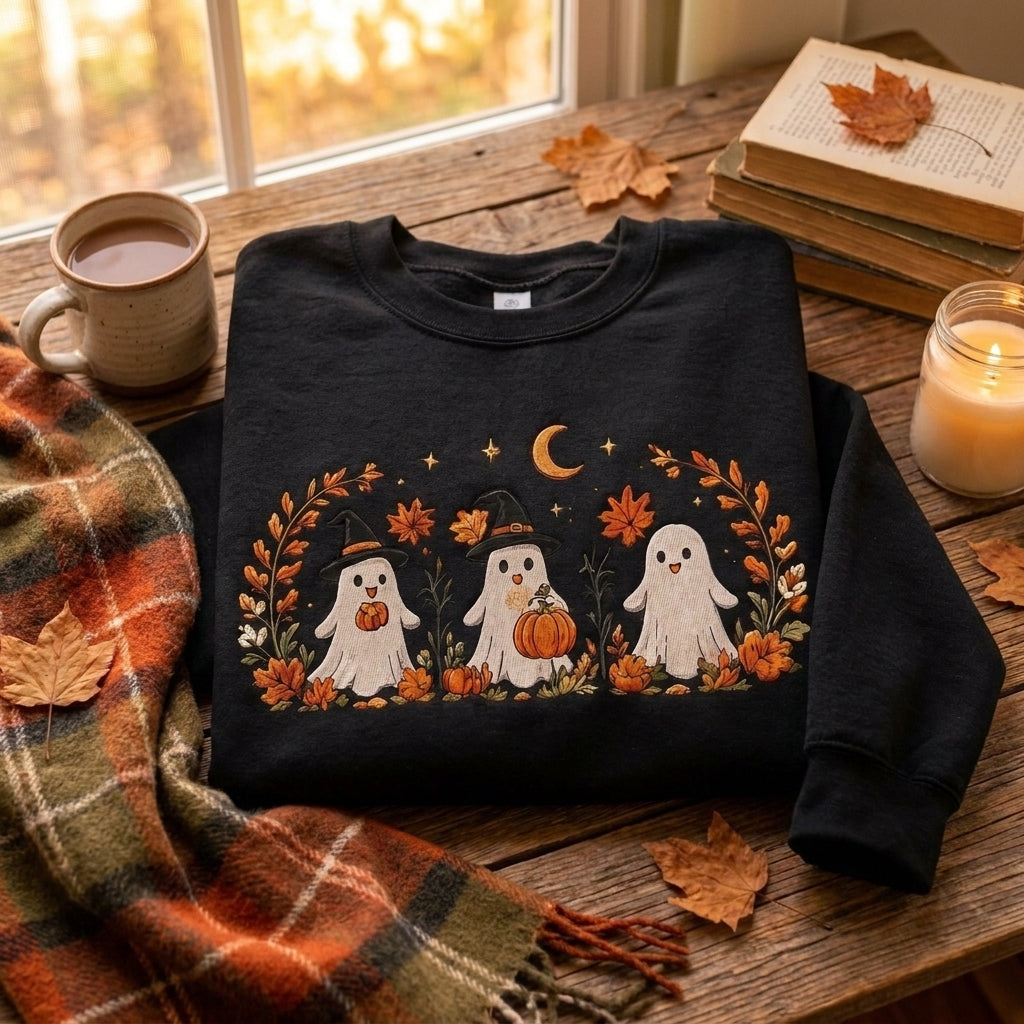 Halloween Ghost Embroidered Sweatshirt, Cute Fall Pumpkin Sweater, Spooky Season Sweatshirt, Witch Ghost Shirt, Halloween Gift