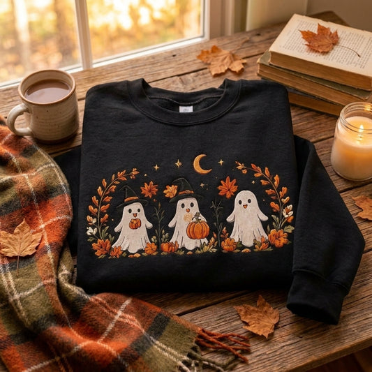 Halloween Ghost Embroidered Sweatshirt, Cute Fall Pumpkin Sweater, Spooky Season Sweatshirt, Witch Ghost Shirt, Halloween Gift