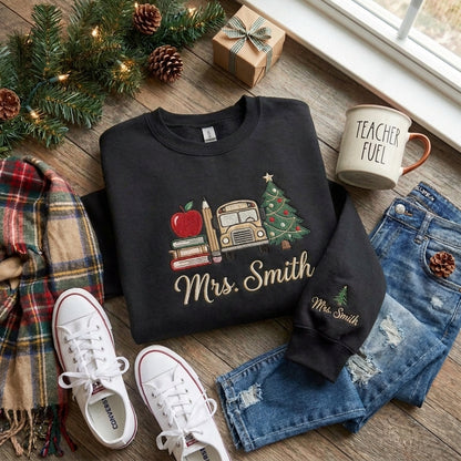 Personalized Christmas Teacher Sweatshirt, Embroidered Teacher Name Crewneck, Christmas Gift for Teacher, Apple Books School Sweatshirt