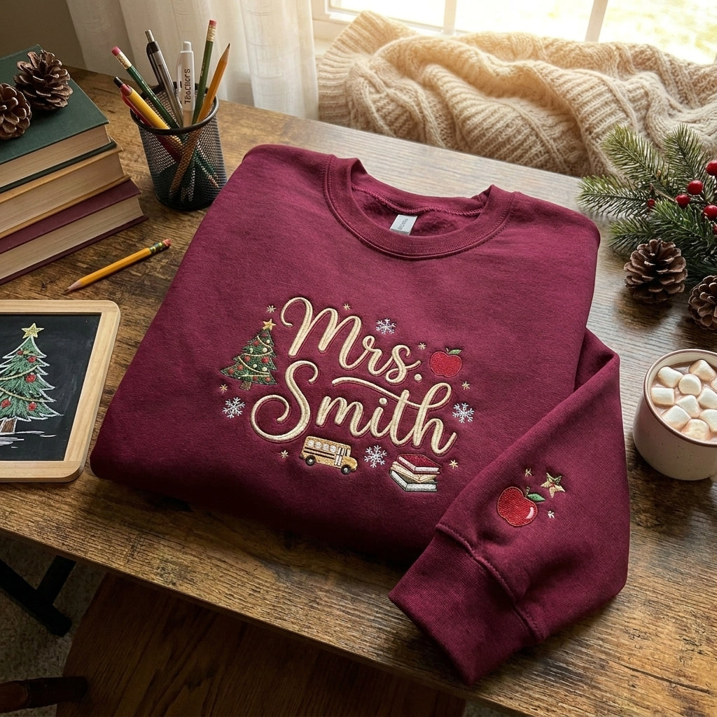 Personalized Christmas Teacher Sweatshirt, Embroidered Teacher Name Sweatshirt, Christmas Teacher Gift, Apple School Crewneck, Teacher Holiday Pullover